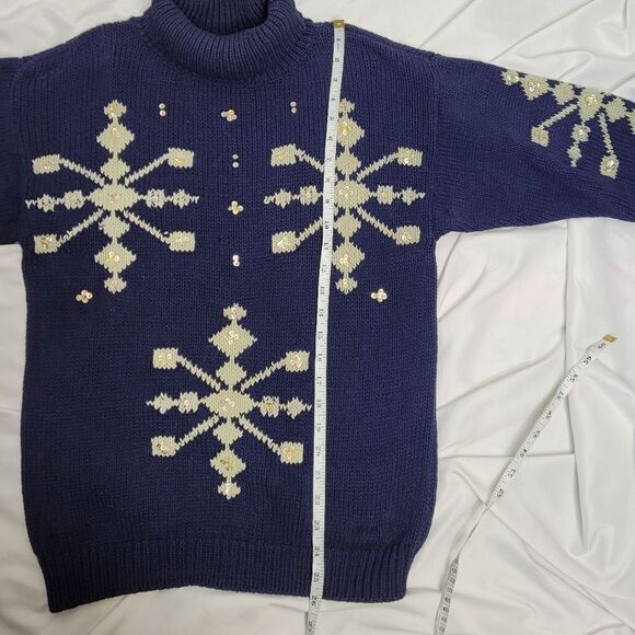 VINTAGE 90s navy blue sequined snowflake turtleneck hand loomed sweater M - Picture 9 of 9